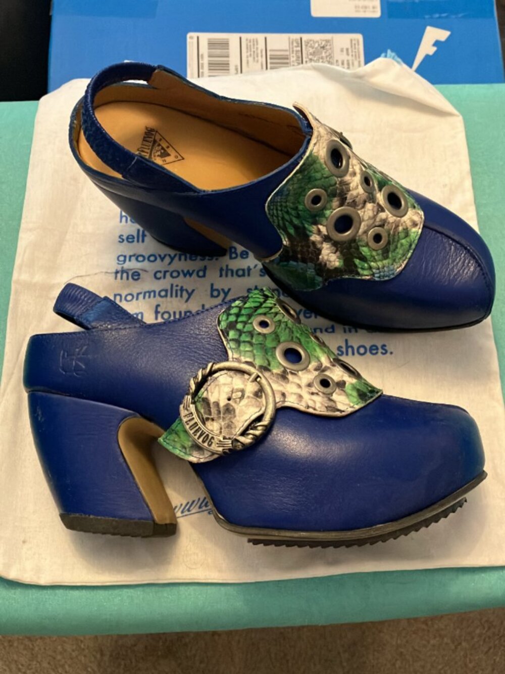 7.5 John Fluevog Prepare Harness Slingback Buzz in Python. Like New.